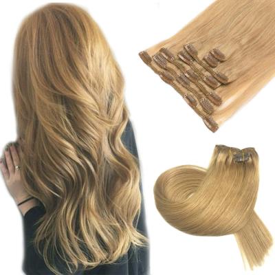 China Strawberry Straight Clip In Hair Extensions Remy Human Hair Extensions Blonde Clip In 15 Inch For Women for sale