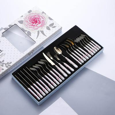 China Sustainable Popular Pink Handle Metalized Cutlery Sets 24 Piece Ceramic Stainless Steel Gold Cutlery Sets for sale