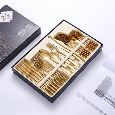 China Sustainable Knife Spoon Fork Set Gold Plating Cutlery 24pcs Gift Case Stainless Steel Flatware Sets Luxury Gold Cutlery Set For Wedding for sale