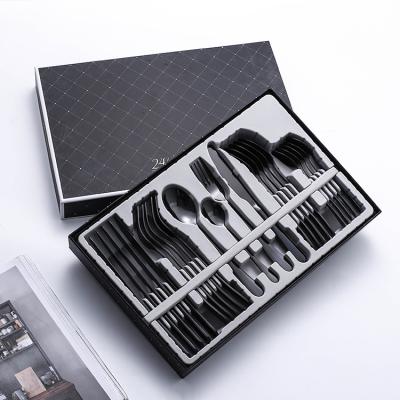 China Wholesale Viable Kitchen 24pcs Tea Coffee Dessert Flatware Steel Metal Fork and Spoon Reusable Black Cutlery Set Stainless for sale