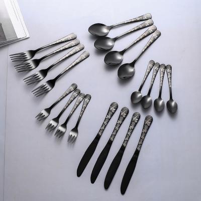 China Viable New Design Plating Black Laser Metal Knife Fork Spoon Gold Stainless Steel Cutlery Set for sale