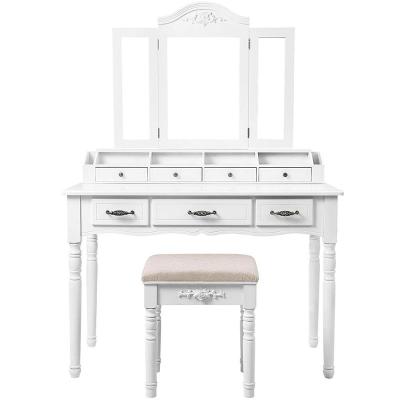 China Elegent White Wooden Appearance Folding Mirror Bathroom Vanity Set Makeup Table Dresser 7 Drawers With Stool Wooden Vanity Dressing Table Mirror for sale