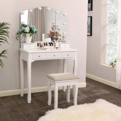 China Other White Dressing Table With Stool And LED Lights With 5 Drawers And Mirror Dresser Furniture Dresser Makeup Tables for sale