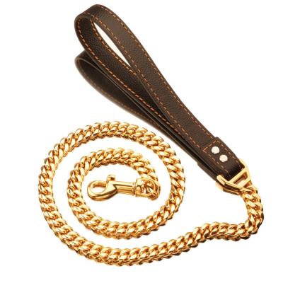 China Durable Pet Metal Chain Lead Stainless Steel Dog Chain Dog Leash With Leather Handle for sale