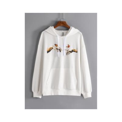 China Custom Breathable Butterfly Hands Print Long Sleeve Round Neck Kangaroo Pocket Drawstring Hoodie Women Pullover 2021 Fall for sale