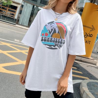 China 2021 New Arrival Anti-wrinkle Summer Women Girl Girl Short Sleeve Drop Shoulder Boutique Clothes 100%Cotton Palm Print Casual Tee T-Shirt for sale