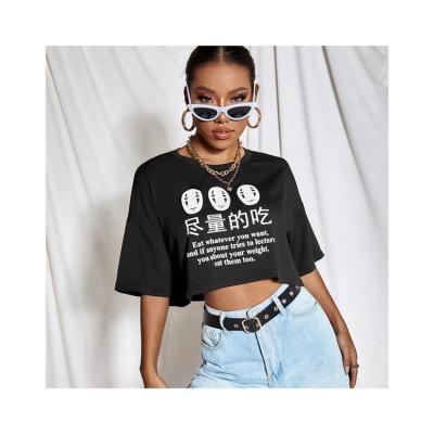 China Hot Selling Main 2021 T-shirt Women Loose Drop Shoulder Letter Print Crop Tee Summer Cotton QUICK DRY Graphics Round Neck T Shirt for sale