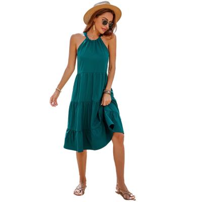 China Breathable Ladies Ruffle Edge Tie Back Halter Dress Summer Women Casual Dresses Dark Green Regular Fit Knitted Plain Dyed 100% Polyester for sale