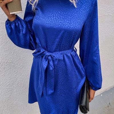 China Women's Breathable Lantern Sleeve Belted Puffy Sleeve Women's Spring Dress Satin Long Sleeve Dress Elegant Puffy Sleeve for sale