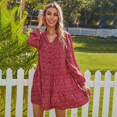 China Custom Ladies Breathable All Over Disty Lantern Print Long Sleeve Button Front Notch Neck Hem Trim Shirt Dress Women Summer Short Dress for sale