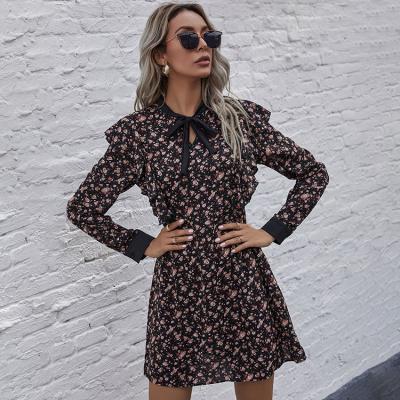 China Custom Made Ladies Breathable All Over Disty Floral Print Ruffle Trim Tie Neck Sheath Long Short Summer Autumn Women Mini Dress for sale