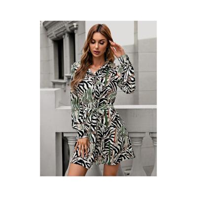 China Breathable 2021 Summer Autumn Sheath Long Women Above Knee Dress Zebra Striped Chain Print Belted Shirt Dress for sale