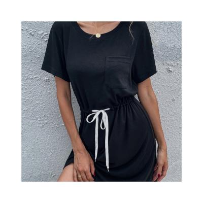 China Breathable Soft Solid Comfort Solid Shoulder Drop Front Dress Scoop Neck Casual Drawstring Tie Short Women Dress for sale