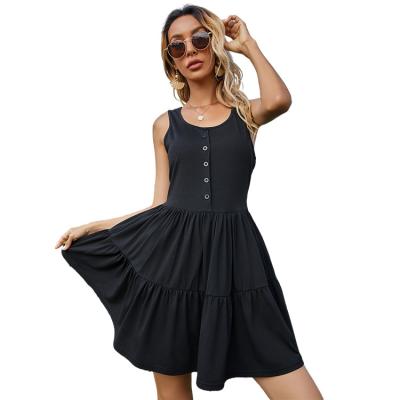 China Solid Color Breathable Sleeveless Button Front Snap Fastener Button Front Midi Dress Cotton One Line Basic Dress for sale