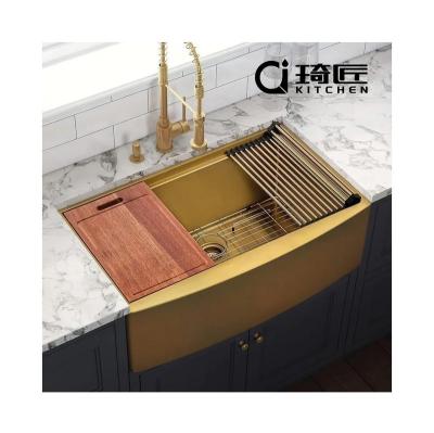 China No Apron Front Nano Farmhouse Kitchen Sink Gold Color Factory Direct Black Single Bowl Stainless Steel Faucet Handmade for sale