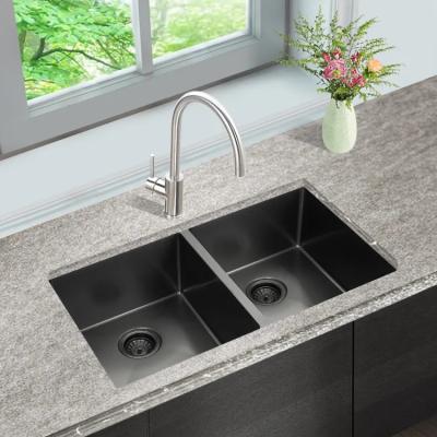 China Without Faucet Hot Sale Black Nano Kitchen Sinks Undermount Stainless Steel Handmade Kitchen Sink Double Bowl for sale