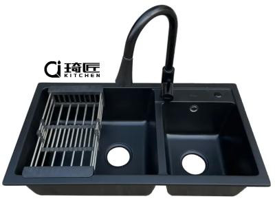 China Hot Sale Black Quartz Granite Kitchen Basin Sink Double Faucet Sink 8145G for sale