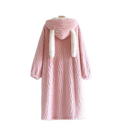 China Best Ladies Cute Rabbit Flannel Pajamas Loungewear Water Ripple Bunny Ears Hooded Women Sale Thermals Long Robes for sale