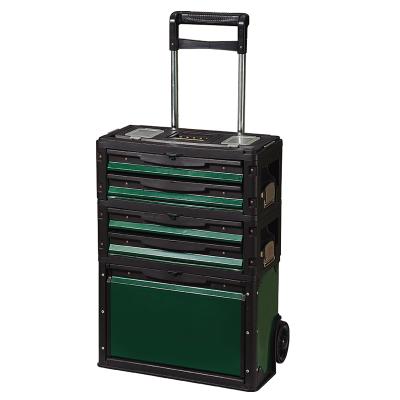 China Pulling Case Style Portable And Handy Professional Aluminum Tool Kit In A Trolley Case Green Color With Drawbar for sale