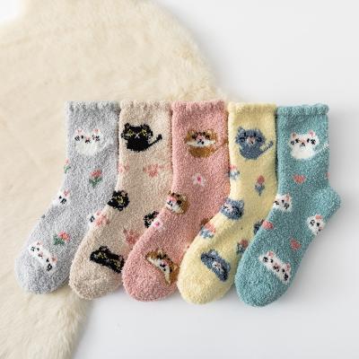 China QUICK DRY Winter Thick Warm Coral Velvet Fuzzy Cartoon Cat Animal Designed Floor Socks Women's Sleep Socks for sale