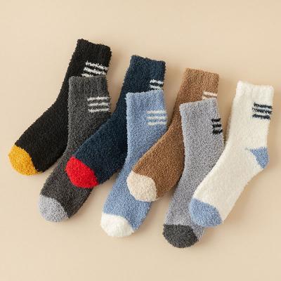 China Wholesale Winter QUICK DRY Fashion Striped Three Lines Coral Velvet Fuzzy Socks Men Thermal Comfortable Thick Fluffy Warm Sleep Indoor Socks for sale