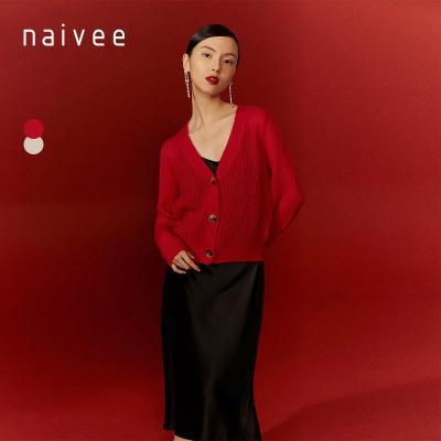 China Anti-wrinkle naivee new year series spring cardigans sweaters sheep wool and mohair solid red for women women ladies loose for sale