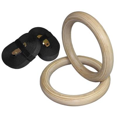 China Birch + Nylon Customize Logo Gym Ring Wooden Gymnastic Rings Indoor Exercise Double Circle With Adjustable Nylon Straps for sale