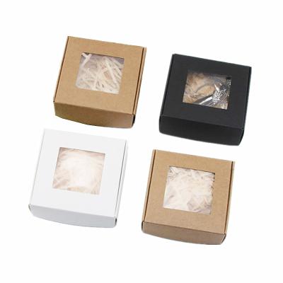 China Cheap Materials Cheap Materials Recycled Small Square Soap Cartons Small Folding Flat Plain Kraft Paper Packaging Box For Small Gift Key Chain With PVC Clear Window for sale