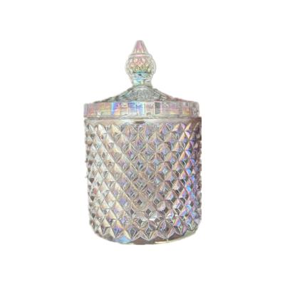 China Scented candle packing Luxury custom holographic iridescent curve glass packaging crystal candle jars clear colorful candles jar with lid for candles for sale