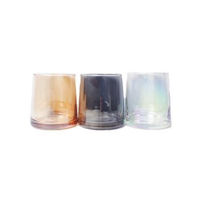 China Scented Candle Packing Luxury Iridescent Colored Glass Candle Empty Container Ship Plated Gray Candle Jar With Cork Metal Wood Lid for sale