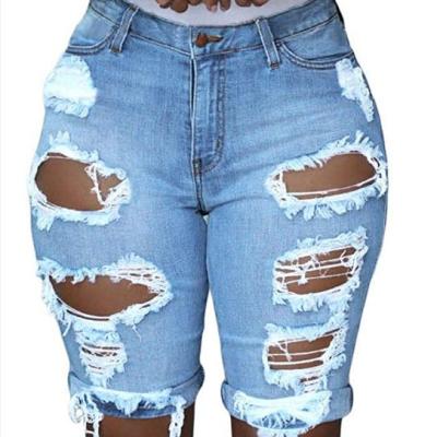 China Anti-wrinkle woman jeans casual plain dyed high waist ripped jeans jeans short pants for sale