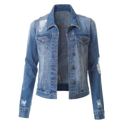 China Anti-Wrinkle Women's Denim Jacket Long Sleeve Distressed Ripped Button Jacket Outwear for sale