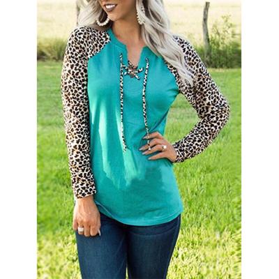 China Fashion Anti-Shrink Women's T-shirt Drawstring Leopard Print V-Neck Blouse Top Casual T-Shirt for sale