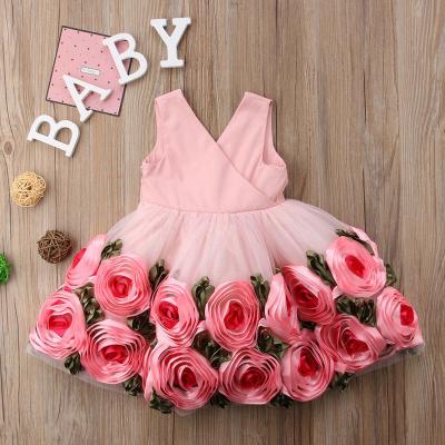 China Anti-static Girls Pink Princess Dress Kids Rose Flowers Applique V-neck Lace Arches Tulle Prom Dress for sale