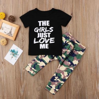 China Casual Kids Long Sleeve Outfit Boys Girls Just Love Me Shirt And Camouflage Pants Set for sale