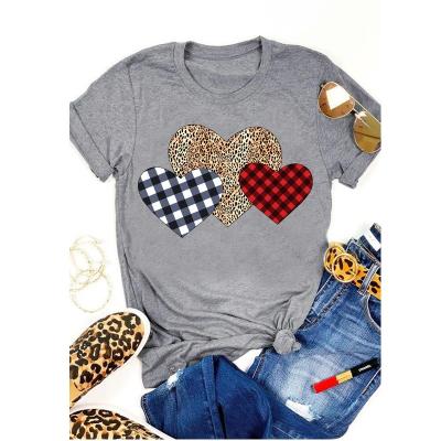 China Women's Valentine Plaid Leopard Printed Splicing Heart T-Shirt Anti-Shrink Tee for sale