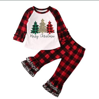 China Antibacterial Cute Girl Merry Christmas Outfit Kids Christmas Plaid Ruffles Sets for sale