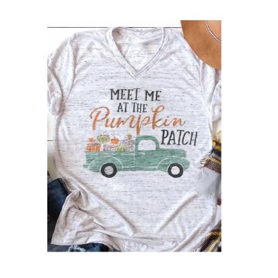 China Anti-Shrinkage Meet Me Women's Halloween Gray Print Pumpkin Patch T-Shirt Shirts for sale