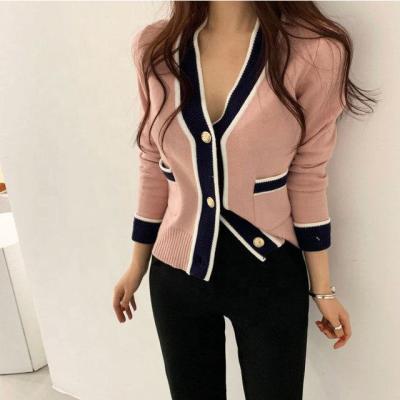 China New Autumn Cardigan Parride Cropped Vest Casual Female Winter Clothe Office Lady Knitted V-neck Chic Pink Patchwork Women Sweater for sale