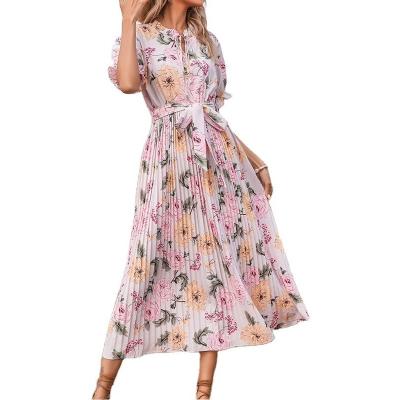 China Women's Anti-Static Summer Elegant Floral Pleated Dresses Boho Pink Long Dress Belt Green Vacation Beach Dress With Ruffle Short Sleeve for sale