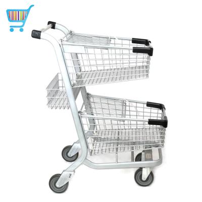 China American Double Unfolding Trolley Double Layer Bridge Shopping Carts USA Grocery Supermarket Hand Push Trolley for sale