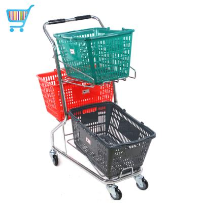 China Unfolding Double Layers Metal Shopping Handing Trolley 3 Push Carts Plated Supermarket Baskets Shopping Trolley With 3 Basket for sale