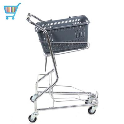 China Unfolding Lightweight And Easy To Push Metal 2 Tier Trolley Shopping Trolley With Plastic Basket For Supermarket And Stores for sale