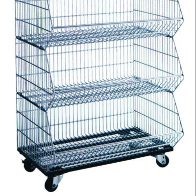 China Folding mobile tilted basket shelf/warehouse cage shelf/stackable wire lockers with wheels for sale