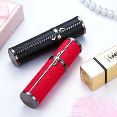 China Refill 5mL Cosmetic Perfume Bottle Spray Black Leather Mini Cologne Spray Bottle Empty PumpPU Purple Silver Red for sale