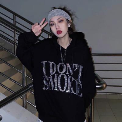 China Bling Black Rhinestone Women's Hooded Apparel Cotton Sweater Anti-pilling Hoodie Sweatshirt Sudaderas for sale