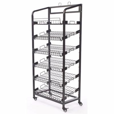 China Suitable for outside 5 layers bread display rack wire metal wire shelf rack with 4 wheels for sale