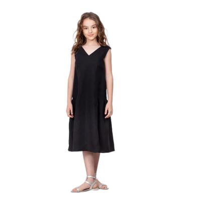 China Dry cleaning 2022 new retro summer children girl organic clothes black sleeveless dress linen children dress for sale