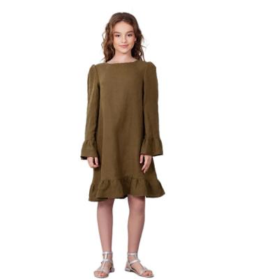 China New Summer Washable Midi Style Khaki Kids Ruffled Long Sleeve Dress Girl Solid Color Loungewear Girls Canvas Dresses for sale