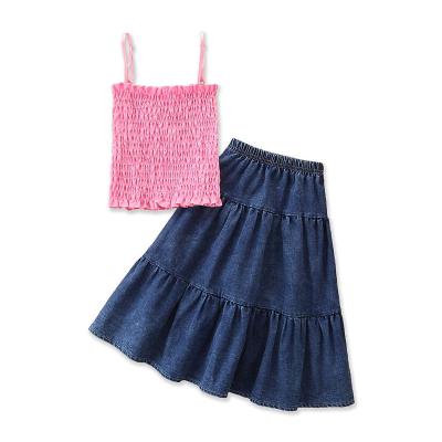 China 2022 Summer Casual Girls Summer Sets Sleeveless Top+Denim Skirt Western Style Baby Toddler Girl Set for sale